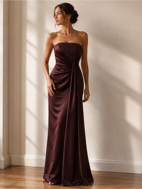 David’s Bridal Truffle Brown Satin Beaded Ruched Strapless Maxi Dress Size 6